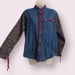 Vintage Denim Jean Jacket - Knit Sleeves, Red Yarn Trim, Eclectic Artsy, Size L